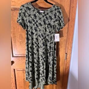 LuLaRoe Carly Dress Embroidered Black Green Swing T Shirt Flowy High Low XS NWT